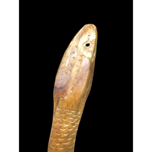 Hand-Carved Wooden Snake Sculpture On Seed Pod Root Base 15" Length - Picture 6 of 16